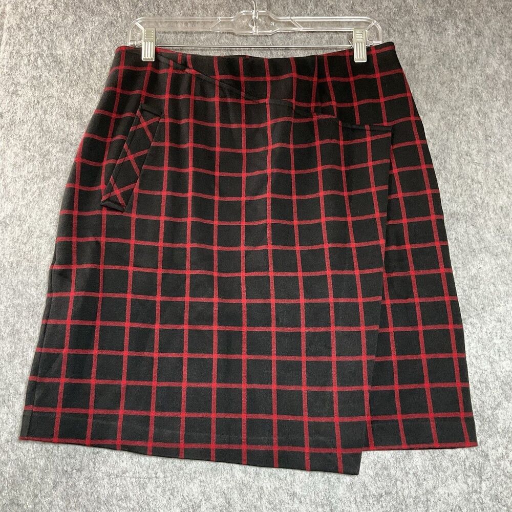 J Jill Skirt Womens Medium Black Red Plaid Pocket Pull On Knee Length Stretch